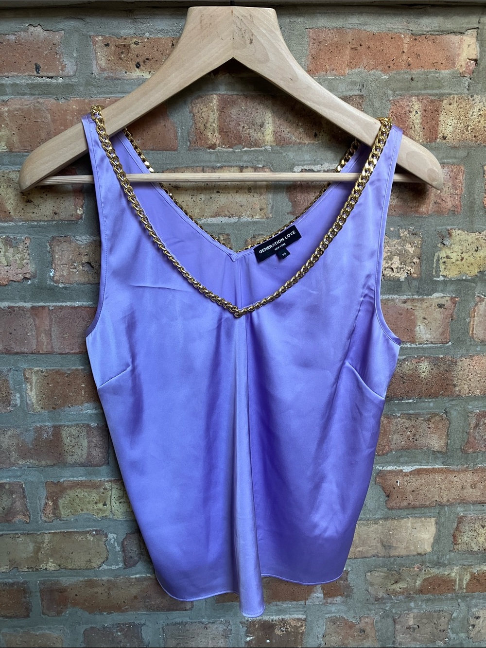 Generation Love Dallas lavender satin tank top with gold chain shoulder straps.